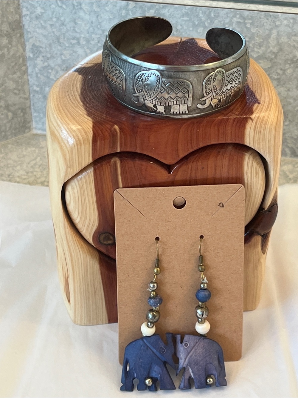 Elephant Cuff bracelet and blue elephant earrings